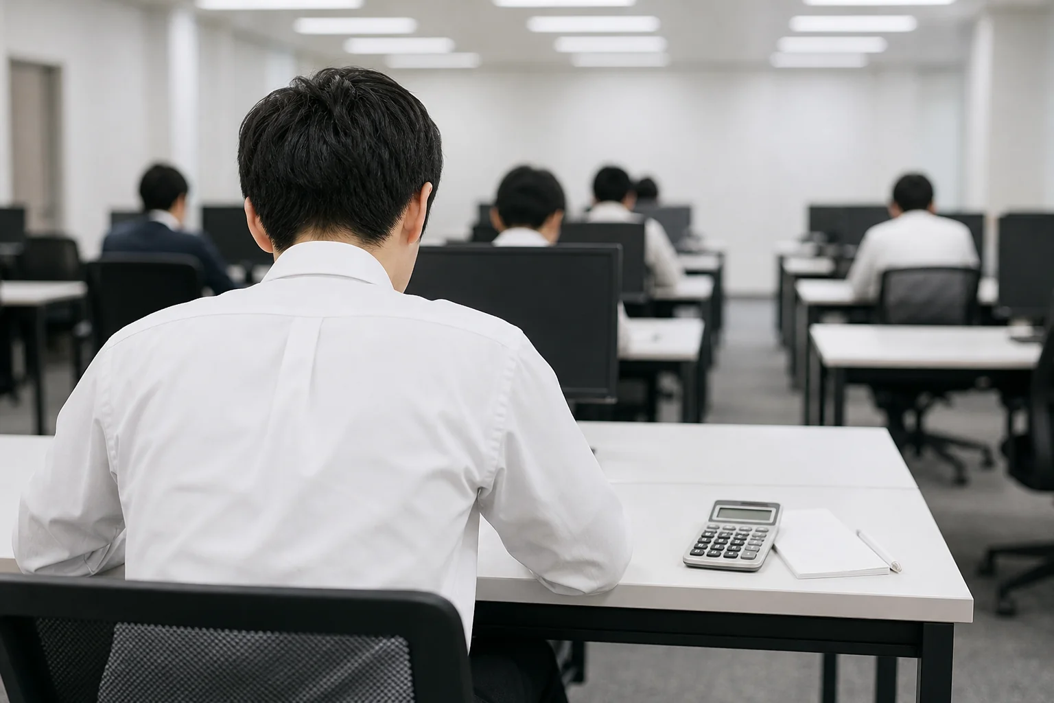 パソコンが並んだ静かな試験会場の席と、手元の√付きの電卓とメモ用紙の様子を写した写真