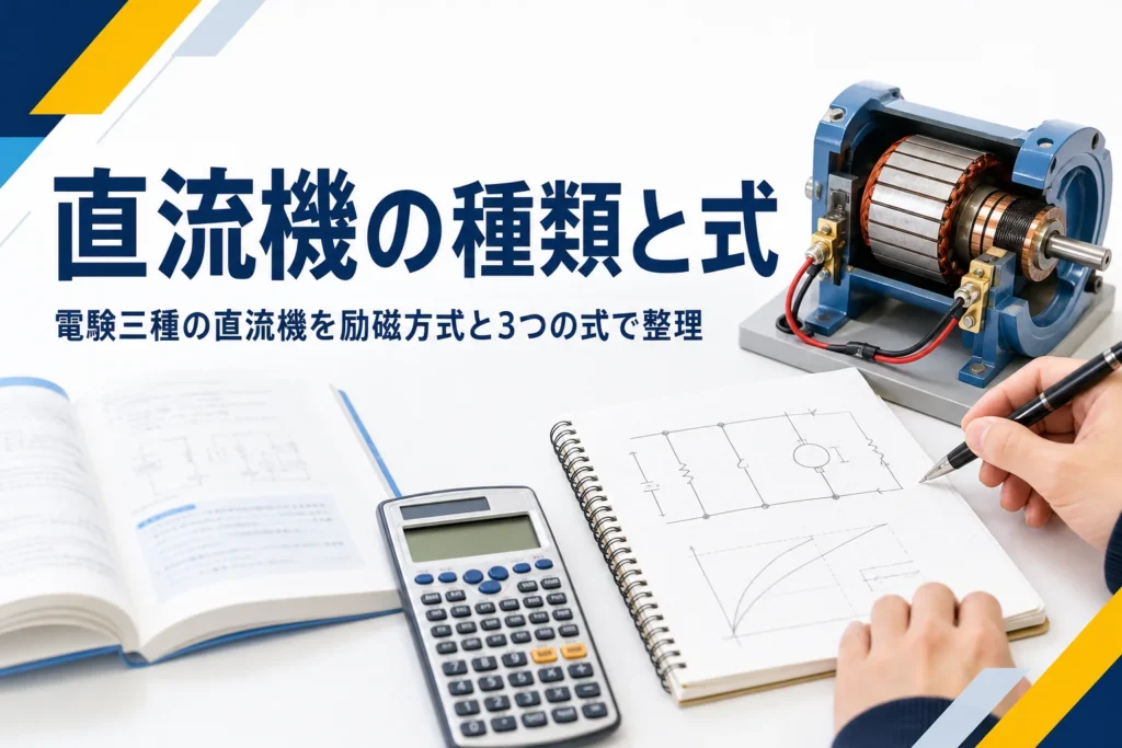 電験三種の直流機を、発電機・電動機の励磁方式の種類と基本の式で紹介する記事のアイキャッチ