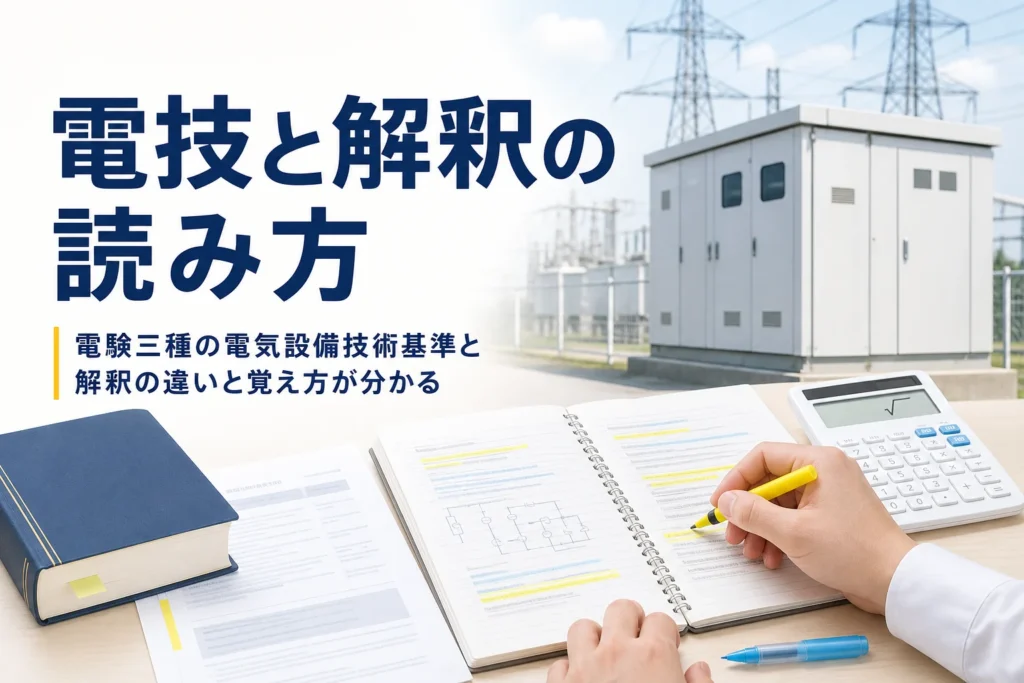 電験三種の法規で学ぶ電気設備技術基準と解釈の違いと覚え方を解説する記事のアイキャッチ