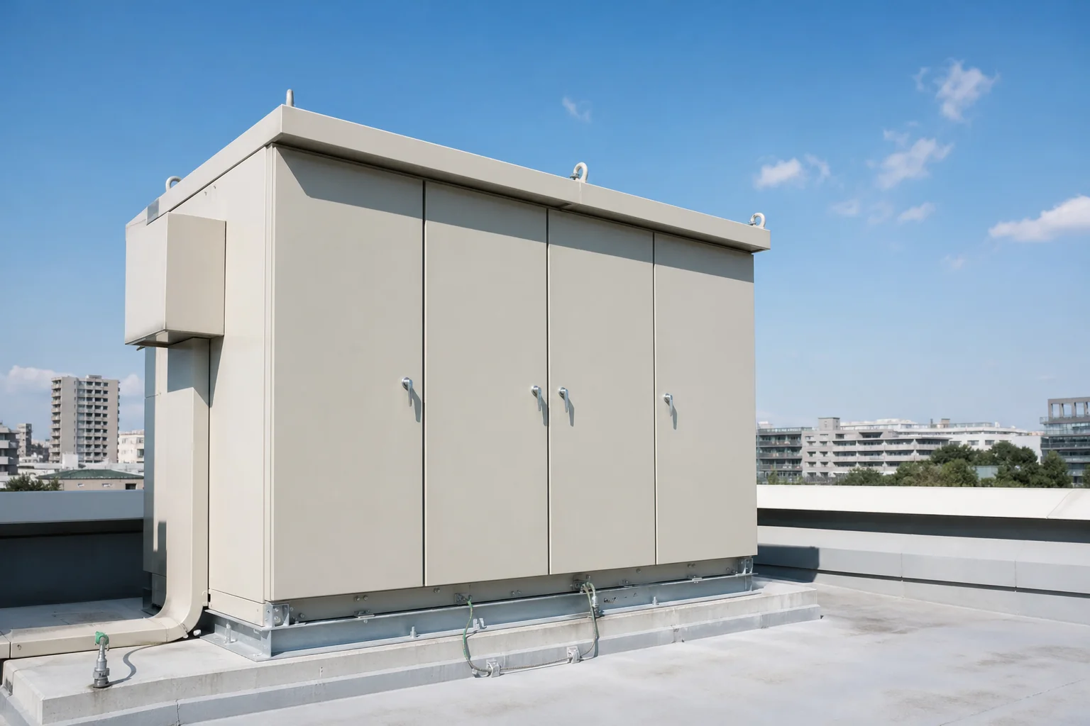キュービクル式の受変電設備の外観と、接地線や銘板が見える設置場所の様子を写した写真
