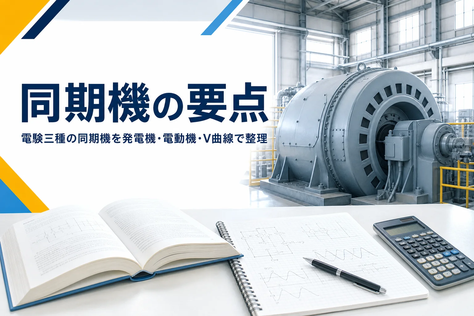 電験三種の同期機を、同期発電機・同期電動機の違いとV曲線の読み方で紹介する記事のアイキャッチ