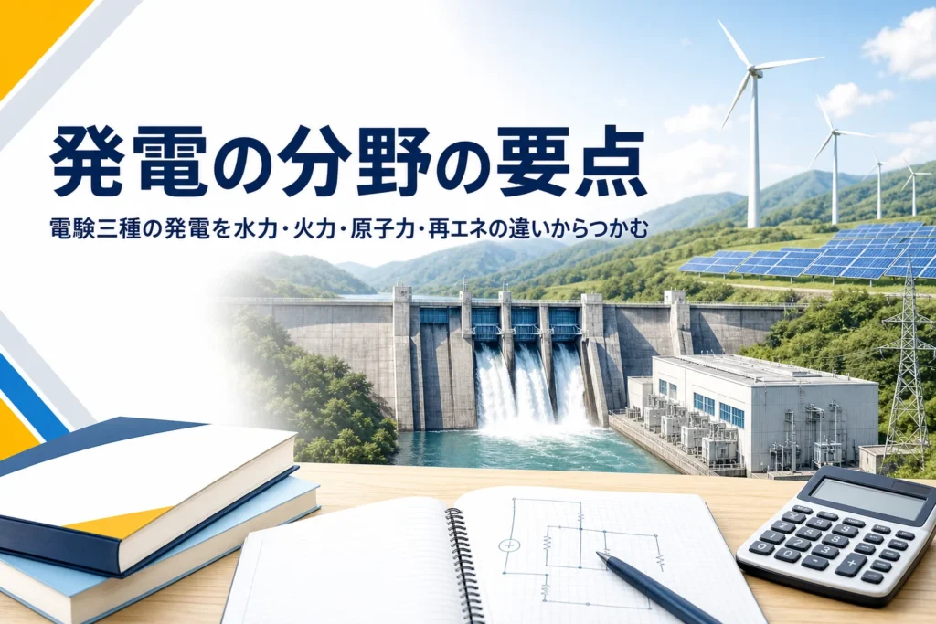 電験三種の発電を、水力・火力・原子力・再生可能エネルギーの要点で紹介する記事のアイキャッチ