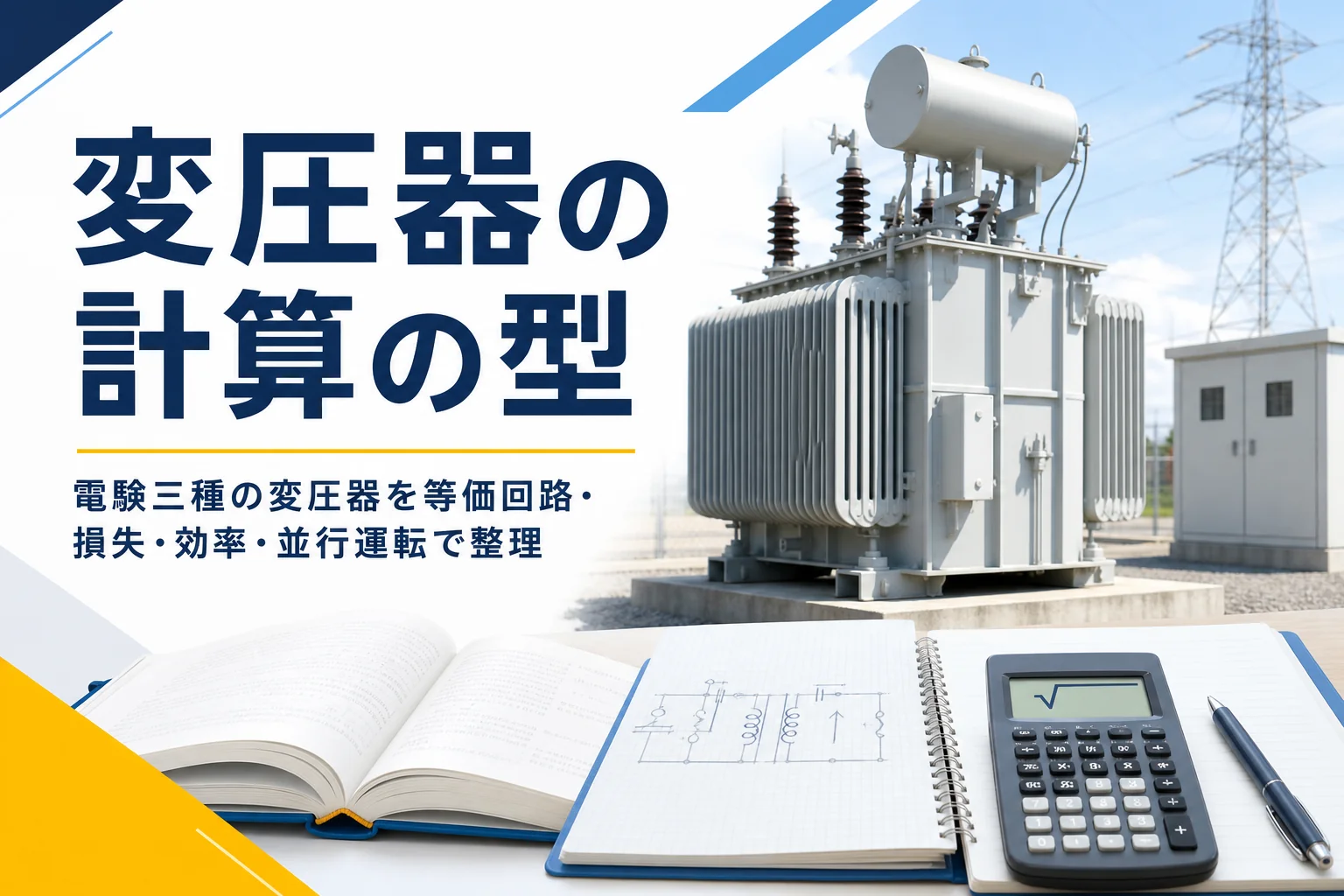 電験三種の変圧器を、等価回路・損失・効率・並行運転の計算の型で紹介する記事のアイキャッチ