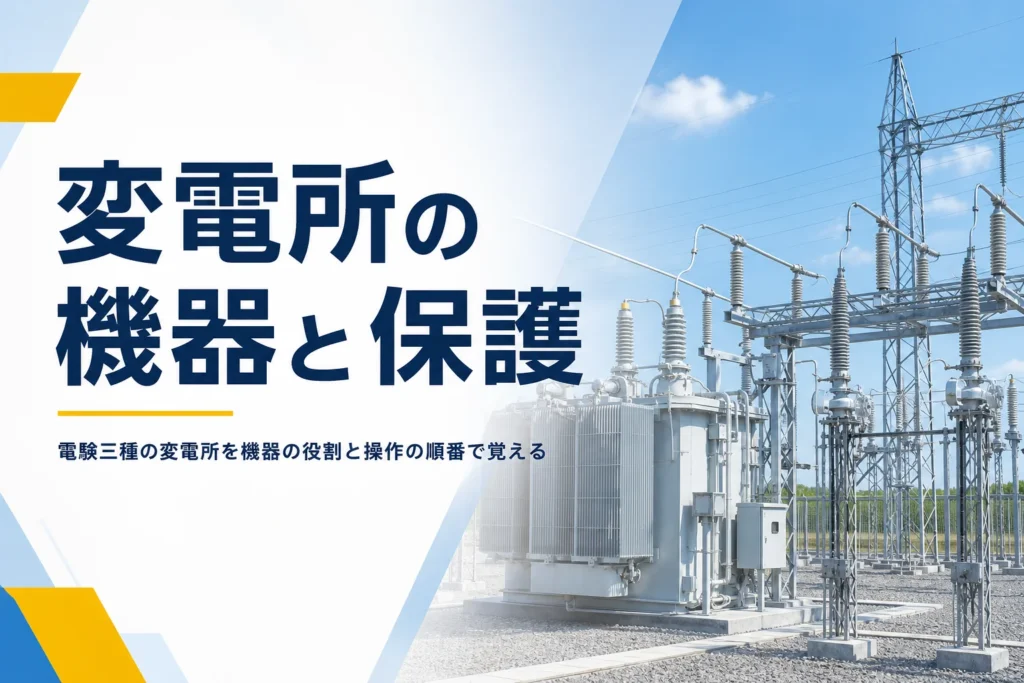 電験三種の変電所を、機器の役割と保護の仕組み、操作の順番で紹介する記事のアイキャッチ