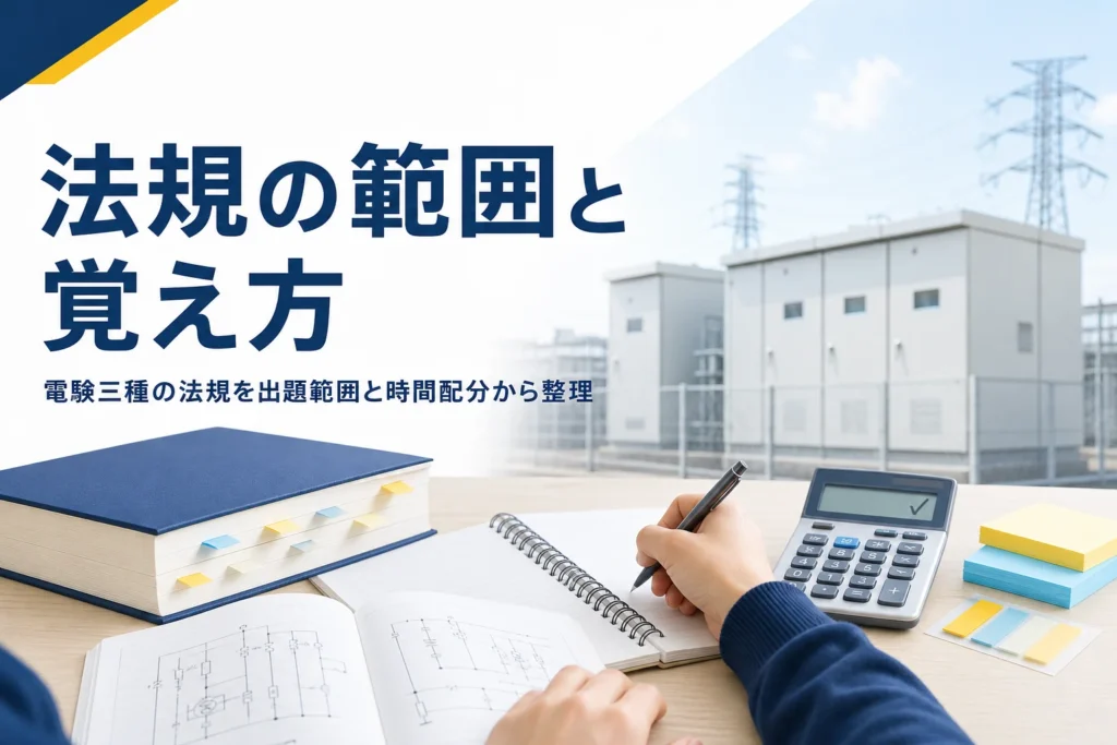 電験三種の法規を、出題範囲と覚え方・計算問題の時間配分から整理する記事のアイキャッチ