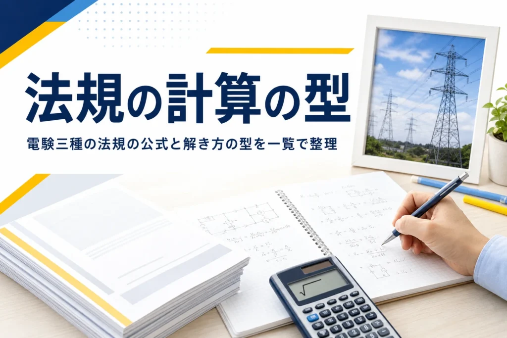 電験三種の法規の計算問題で使う公式と、型ごとの解き方を整理する記事のアイキャッチ