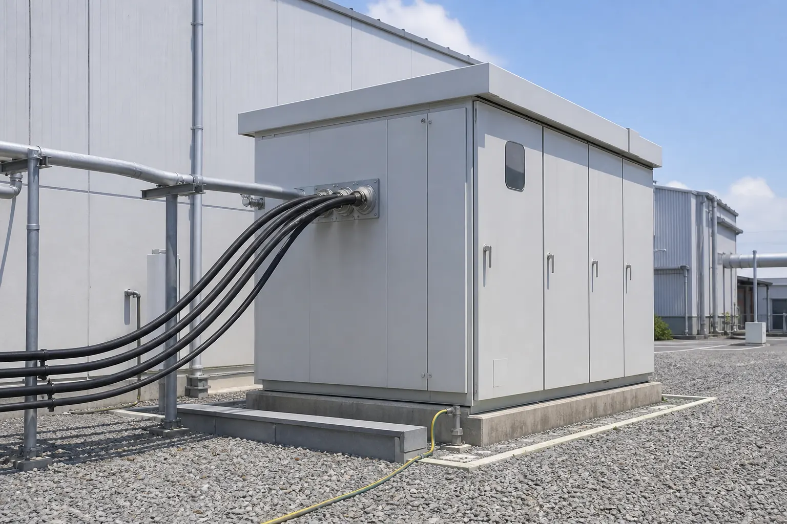 絶縁耐力試験やB種接地工事の計算の舞台になる、工場の高圧受変電設備(キュービクル)の外観のイメージ写真