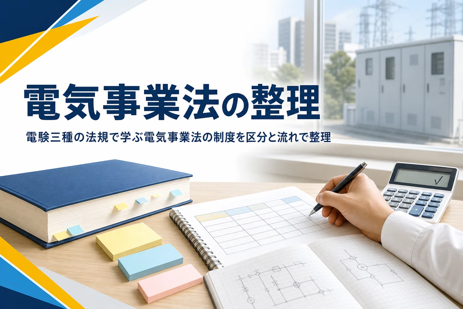 電験三種の法規で学ぶ電気事業法を、電気工作物の区分と保安の流れから整理する記事のアイキャッチ
