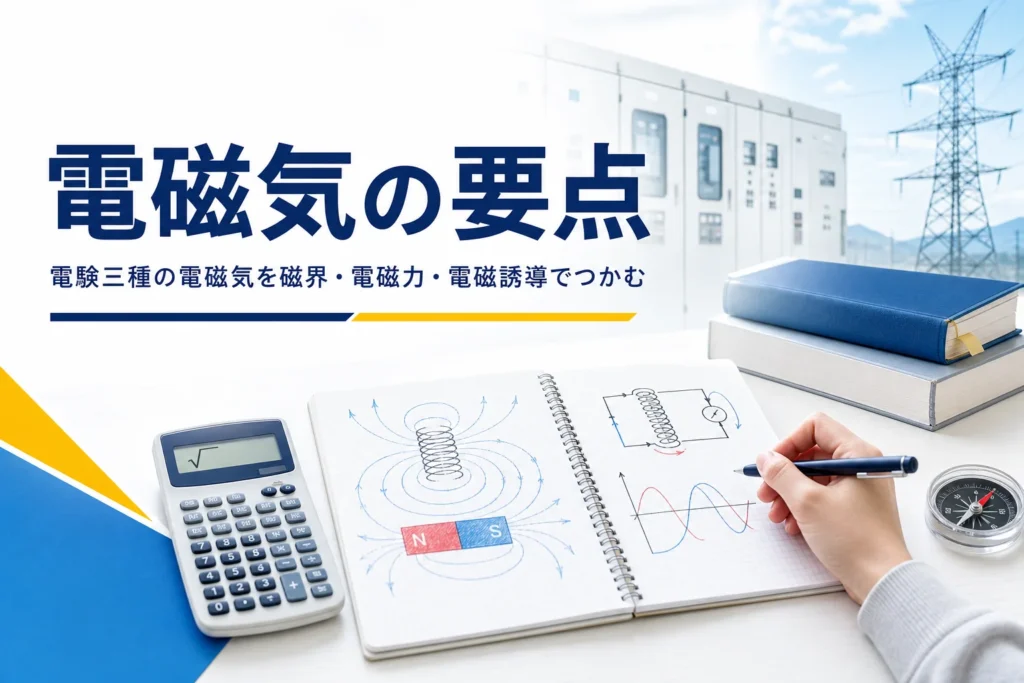 電験三種の電磁気を、磁界・電磁力・電磁誘導の考え方で紹介する記事のアイキャッチ