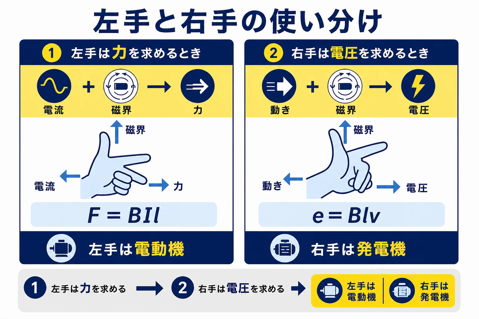 問題文で与えられるものと求めるものから、フレミングの左手と右手のどちらを使うか判定する手順の図解