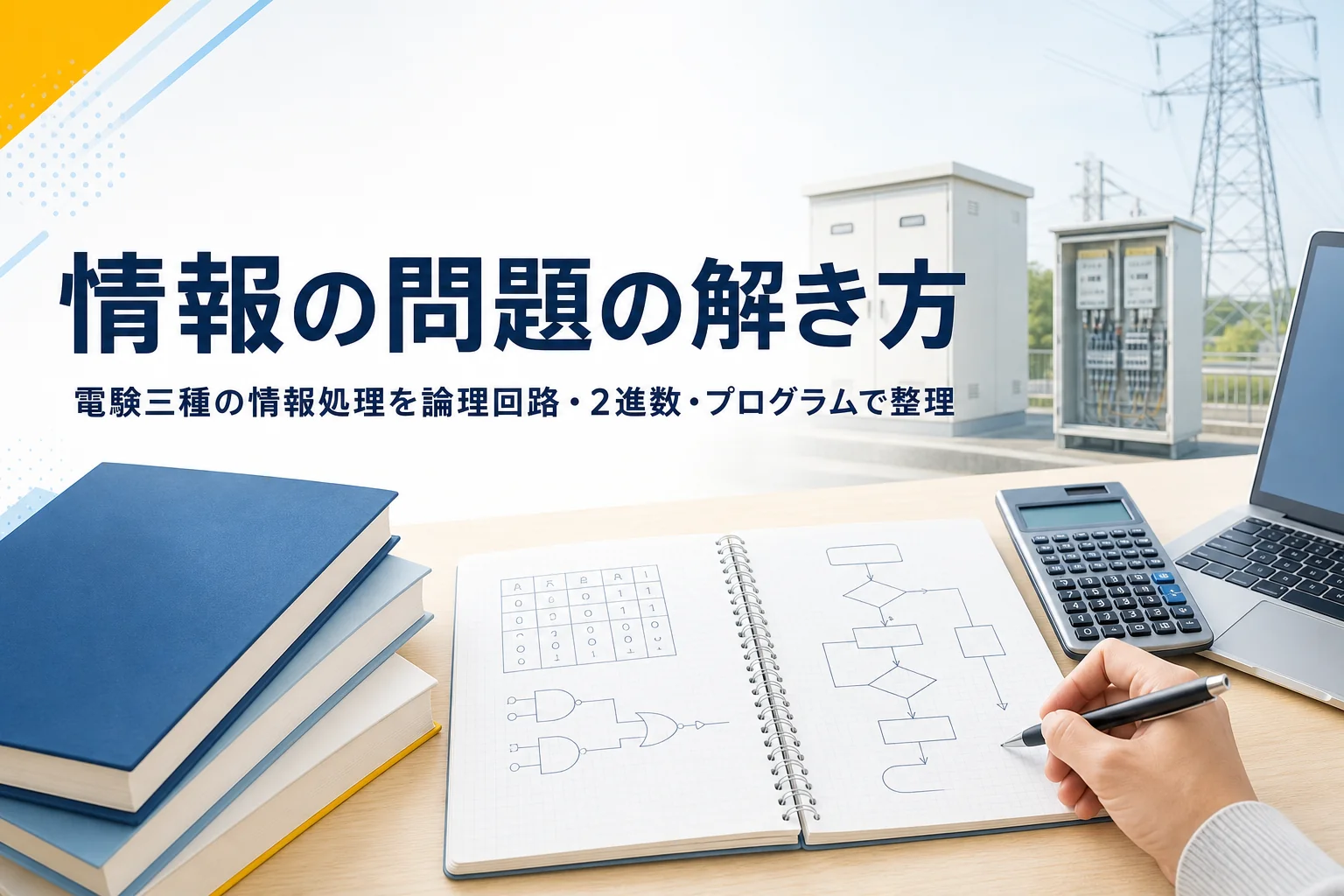 電験三種の情報処理の問題を、論理回路・2進数・プログラムの3つに分けて整理する記事のアイキャッチ