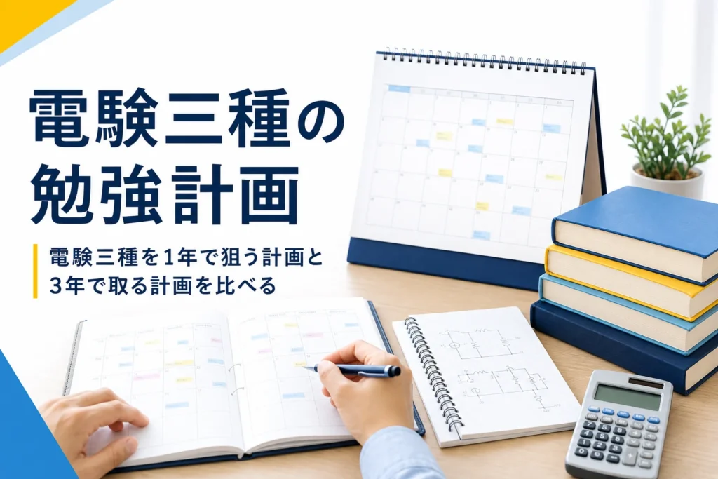 電験三種を1年で狙う勉強計画と3年で取る勉強計画のスケジュールを解説する記事のアイキャッチ