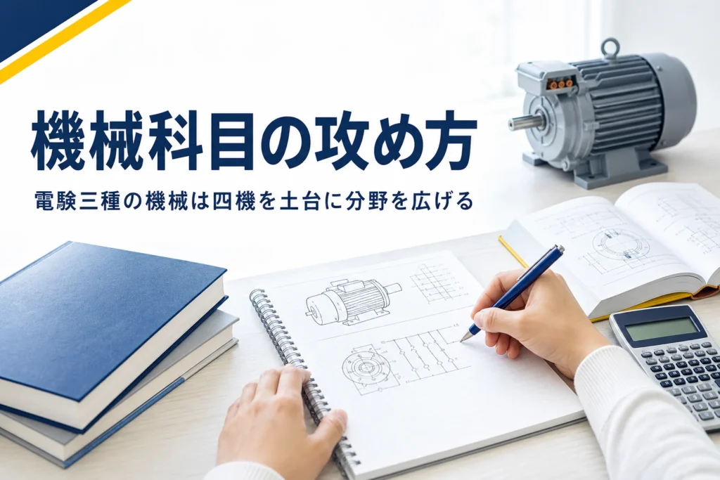 電験三種の機械科目を、四機を土台に分野を広げる攻め方と学ぶ順番で紹介する記事のアイキャッチ