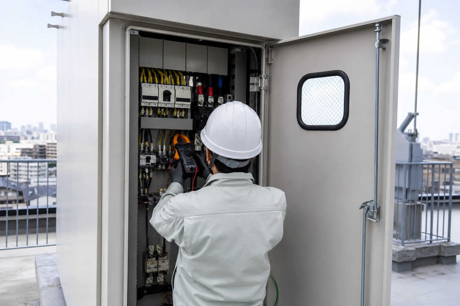 ビルの受変電設備を点検する場面のイメージ写真