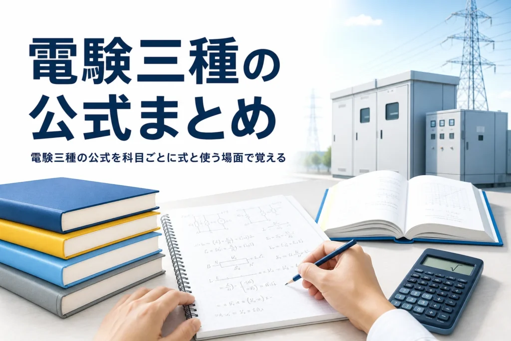 電験三種の公式を理論・電力・機械・法規の科目ごとに、式と使う場面で整理する記事のアイキャッチ