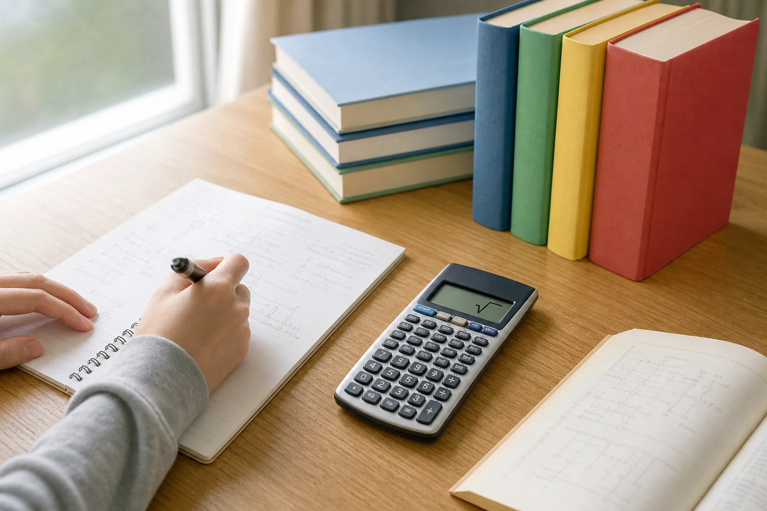√付きの電卓と公式を書き込んだノート、科目別の参考書が並ぶ自習机の様子を写した写真