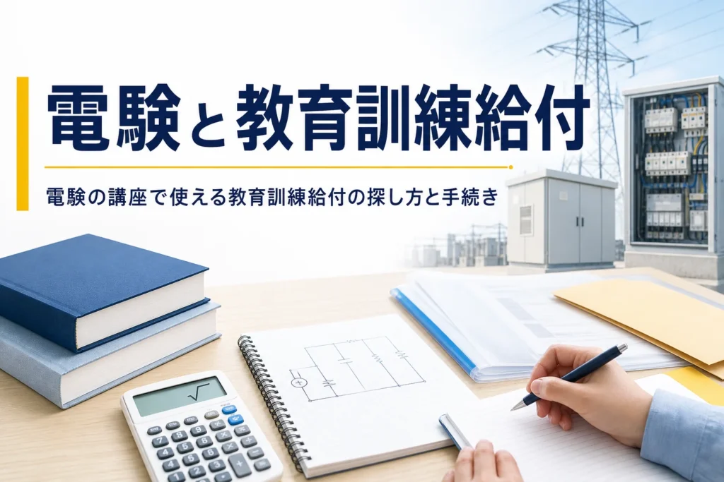電験の講座で使える教育訓練給付制度について、種類の違いと対象講座の探し方、手続きの流れを解説する記事のアイキャッチ