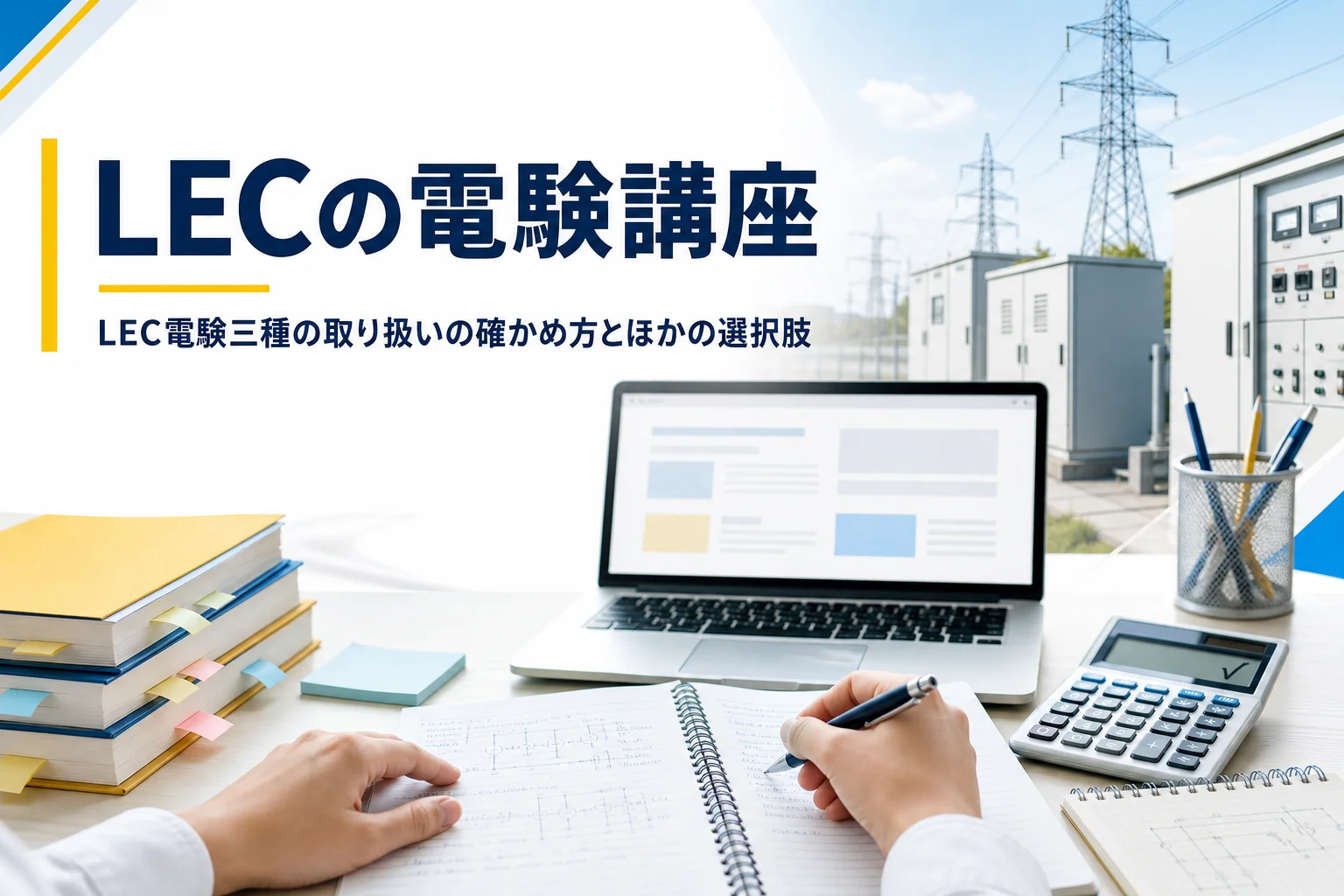 LECでの電験講座の取り扱いの確かめ方と、講座を比べる観点、ほかの学び方の選択肢を解説する記事のアイキャッチ