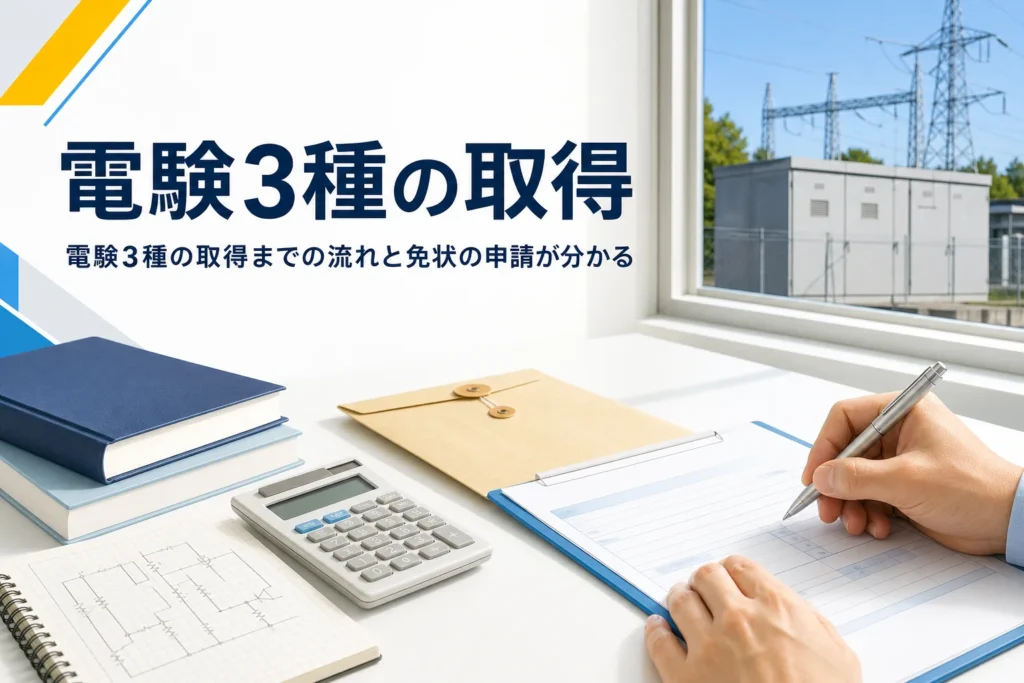 電験3種の取得までの流れと、合格から免状の申請・交付までの手順を紹介する記事のアイキャッチ