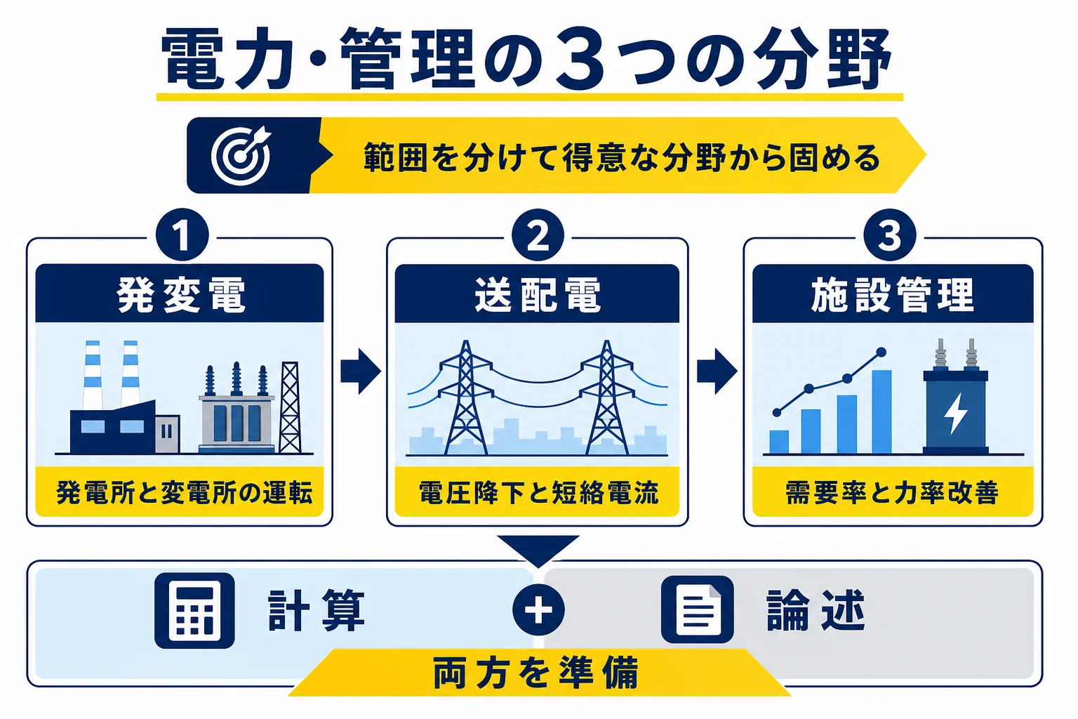 電験2種の電力・管理の出題範囲を、発変電・送配電・施設管理の3つの分野のカードに分けて主なテーマを並べた図解