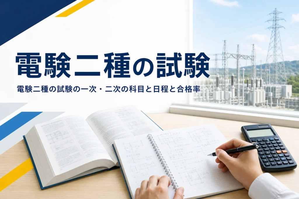 電験二種の試験について、一次・二次の科目と形式、日程、合格率の推移、科目合格の仕組みを解説する記事のアイキャッチ