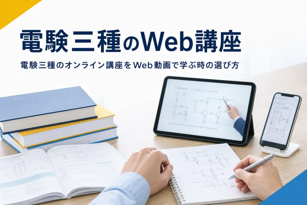 電験三種のオンライン講座を、動画のみ・質問つき・添削つきの形で選ぶ方法を解説する記事のアイキャッチ