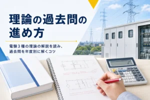 電験3種の理論の解説の読み方と、過去問を年度別に解く時の進め方を紹介する記事のアイキャッチ