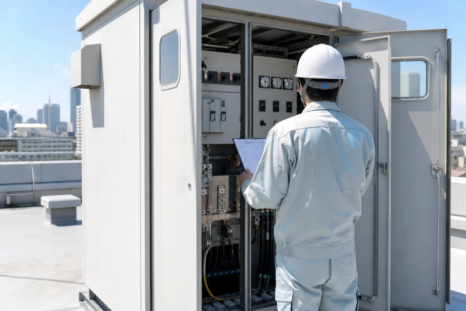 電験三種の電気主任技術者が保安を監督する設備の例として、ビルの屋上にある受変電設備を点検する場面の写真