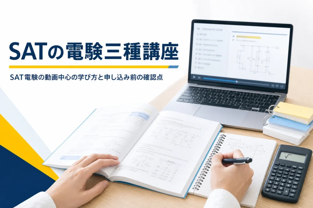 SATの電験三種講座について、動画中心の学び方と教材、申し込む前に確かめる点を解説する記事のアイキャッチ