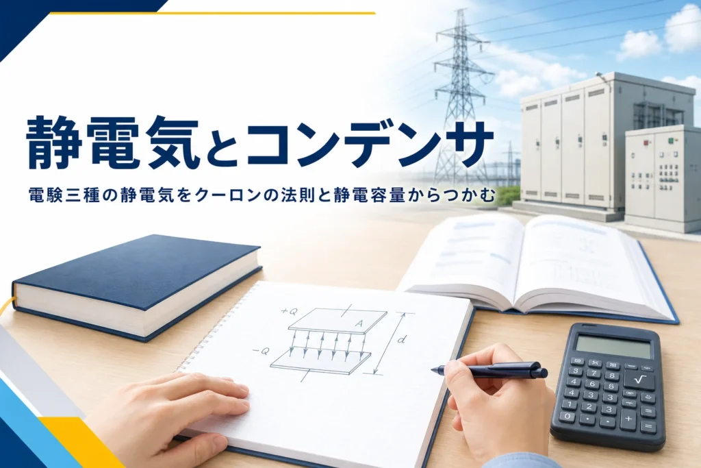 電験三種の静電気を、クーロンの法則と静電容量の考え方で紹介する記事のアイキャッチ