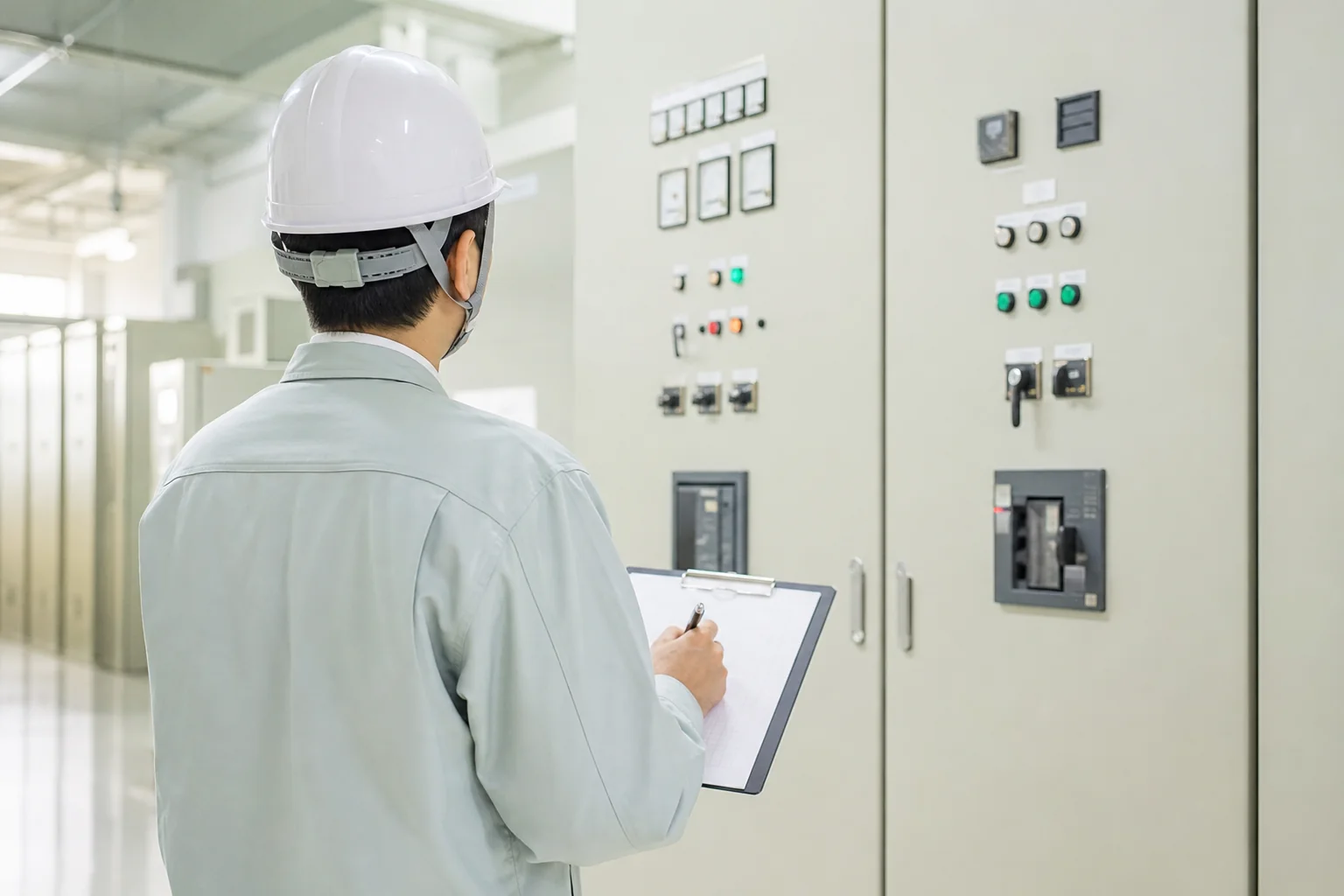 ビルの電気室で配電盤の前に立ち、月次点検の記録を付けている電気主任技術者の仕事の場面をイメージした写真