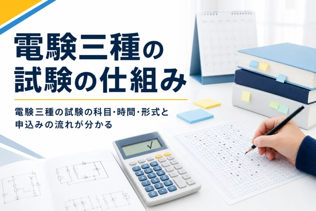 電験三種の試験の仕組みとして、科目・時間・形式・申込みの流れを解説する記事のアイキャッチ