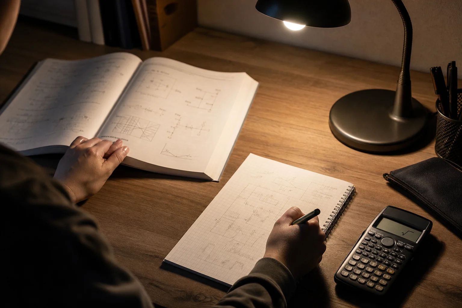 仕事のあとの夜に自宅の机で、入門書とノートを広げて電験3種の勉強をしている手元の様子を写した写真