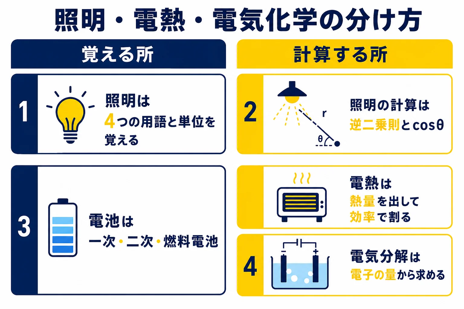 電験三種の照明・電熱・電気化学を、覚える所と計算する所の2列に分けて並べた図解