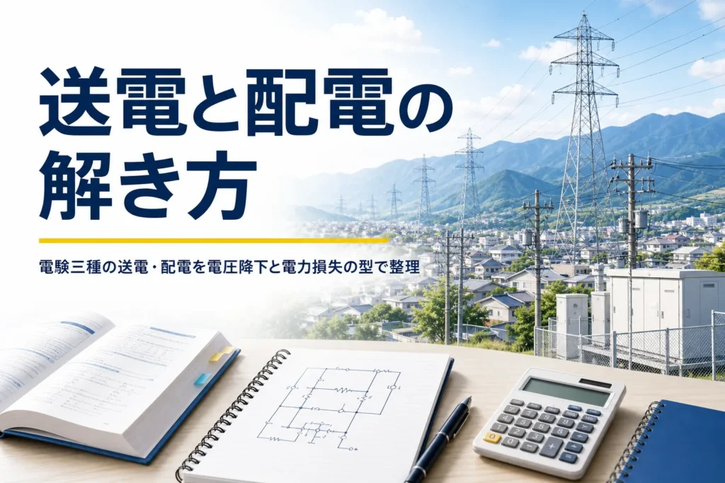 電験三種の送電・配電を、電圧降下・電力損失・地中電線路の要点で紹介する記事のアイキャッチ