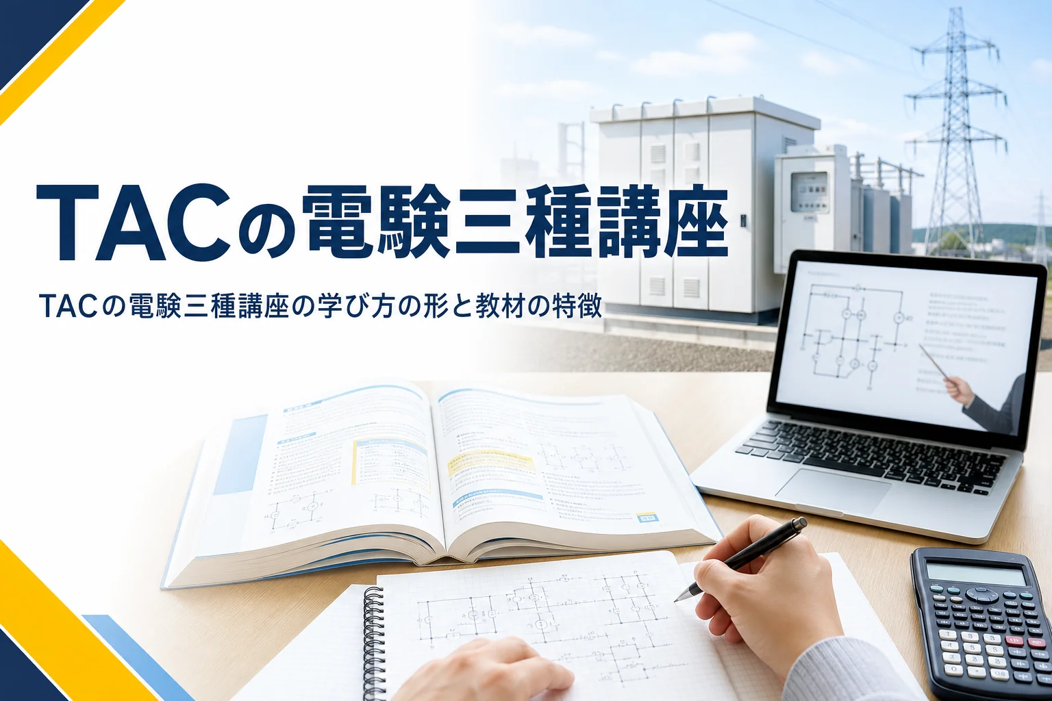 TACの電験三種講座について、学び方の形とコース、教材の特徴を公式情報で解説する記事のアイキャッチ