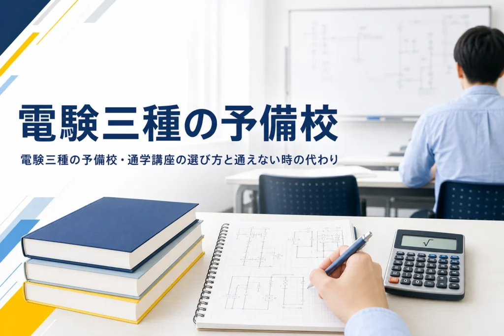 電験三種の予備校・通学講座について、通信との違いと選び方を解説する記事のアイキャッチ