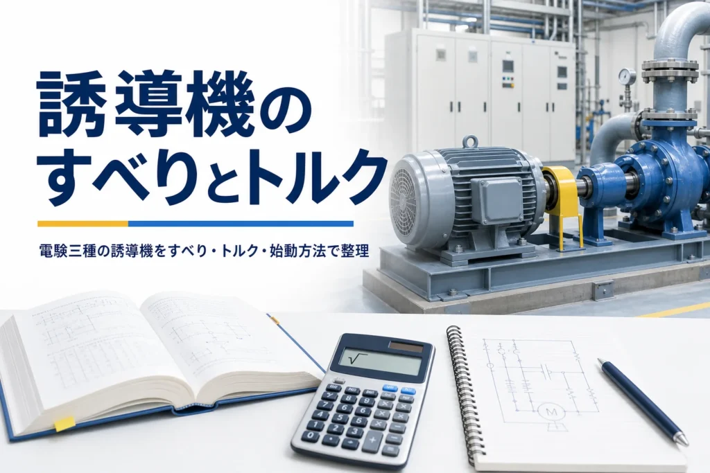 電験三種の誘導機を、すべり・トルク・始動方法の要点で紹介する記事のアイキャッチ